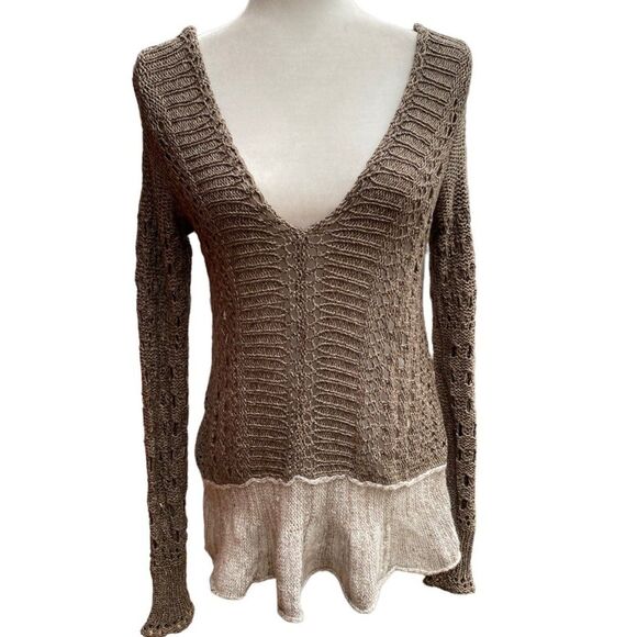 Free People Boho Open Knit Peplum Hem Sweater Tunic Brown Beige Taupe Size S - Picture 2 of 12